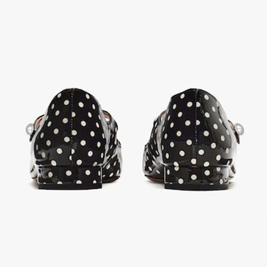 Black Pointed Toe Polka Dots Flats With Buckle Pearl Low Chunky Heels