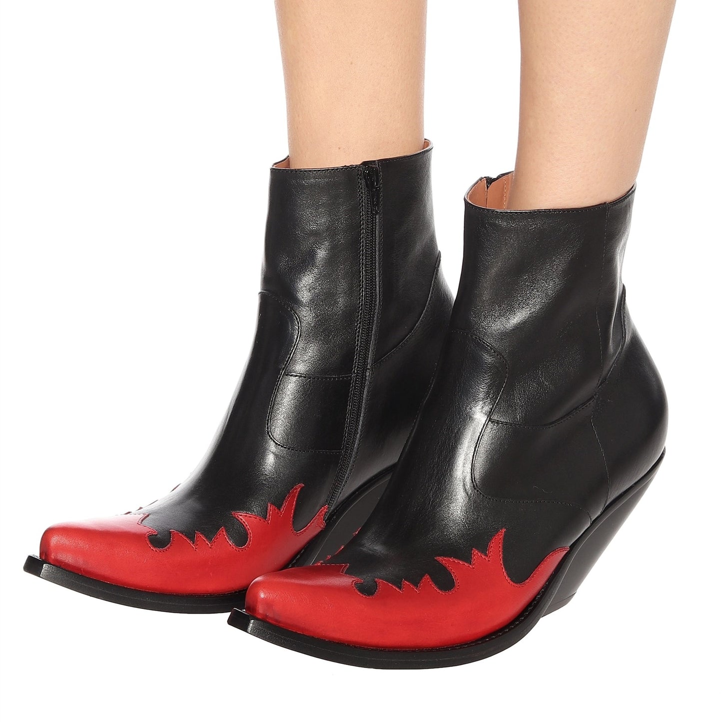 Black & Red Flame Booties Pointed Toe Wedge Western Ankle Boots