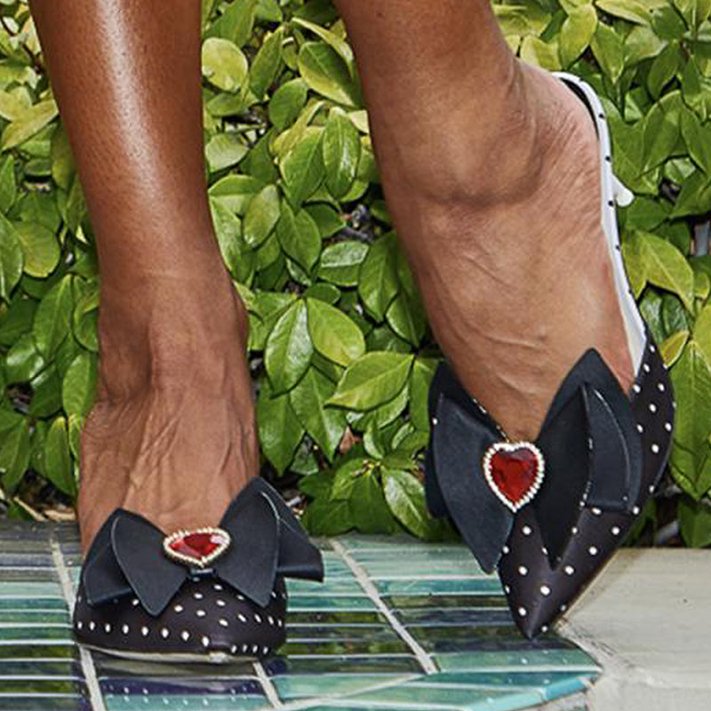 Black & White Polka Dot Shoes Heart Crystal Bow Decor Mule Heels