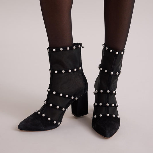 Black Suede Closed Pointed Toe Pearls Decorated Winter Ankle Boots With Chunky Heels
