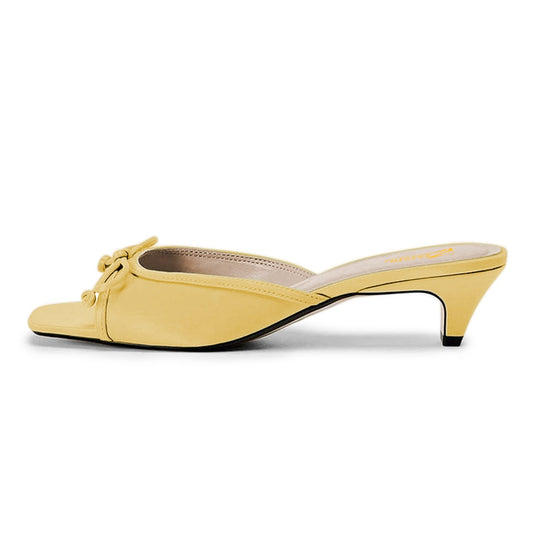 Yellow Open Toe Bow Decor Chunky Heel Slide Sandals Women