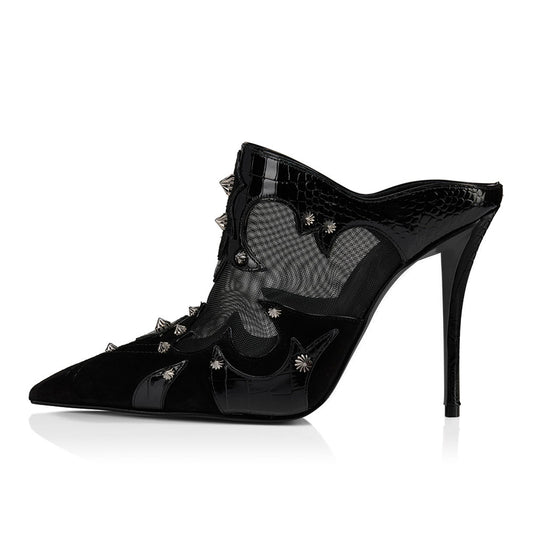 Black Croc Embossed Patchwork Pointed Toe Mule Heels with Studs