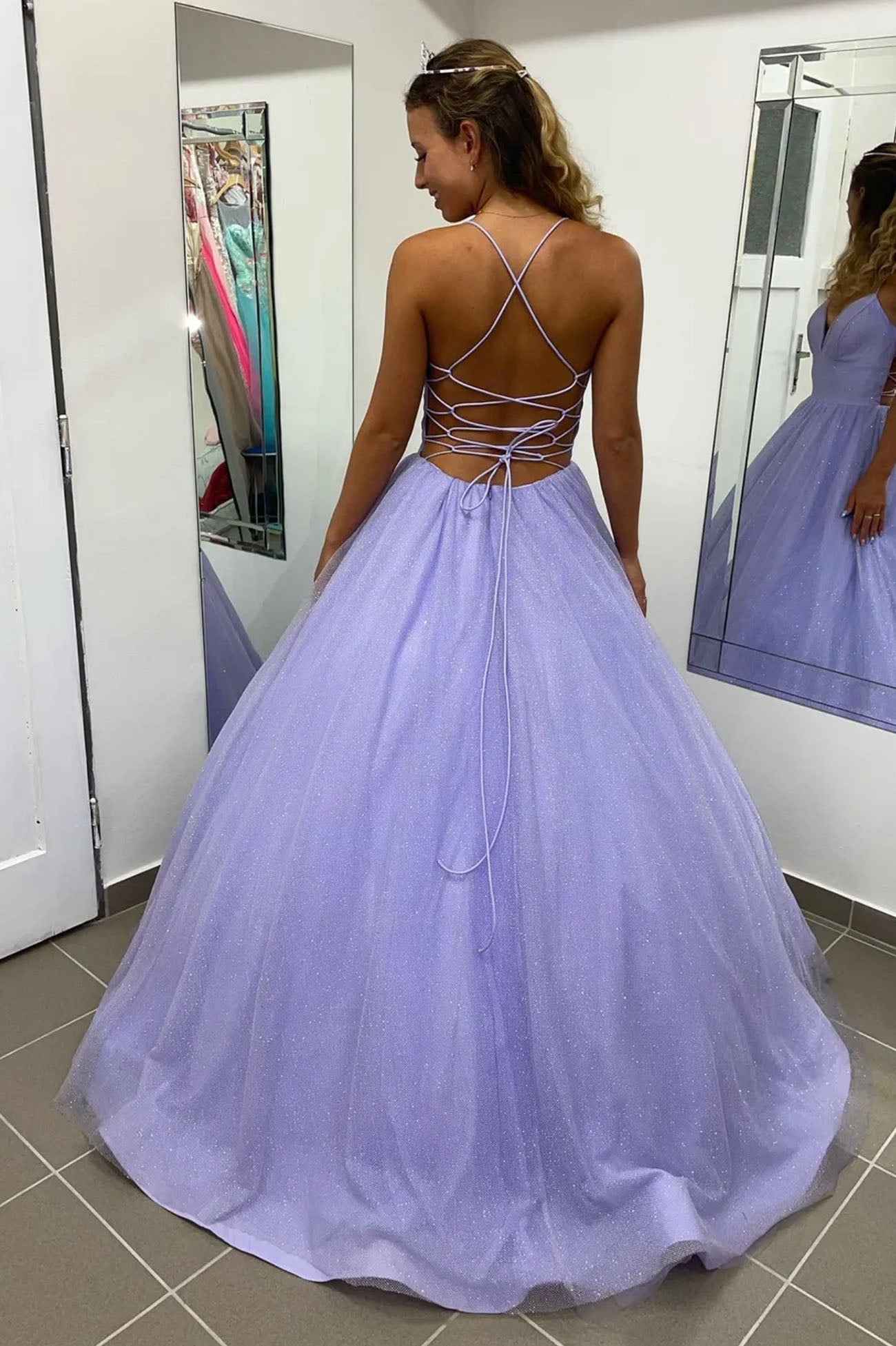 Lavender Tulle Long A-Line Prom Dress,Back Open Dance Dresses with Pockets
