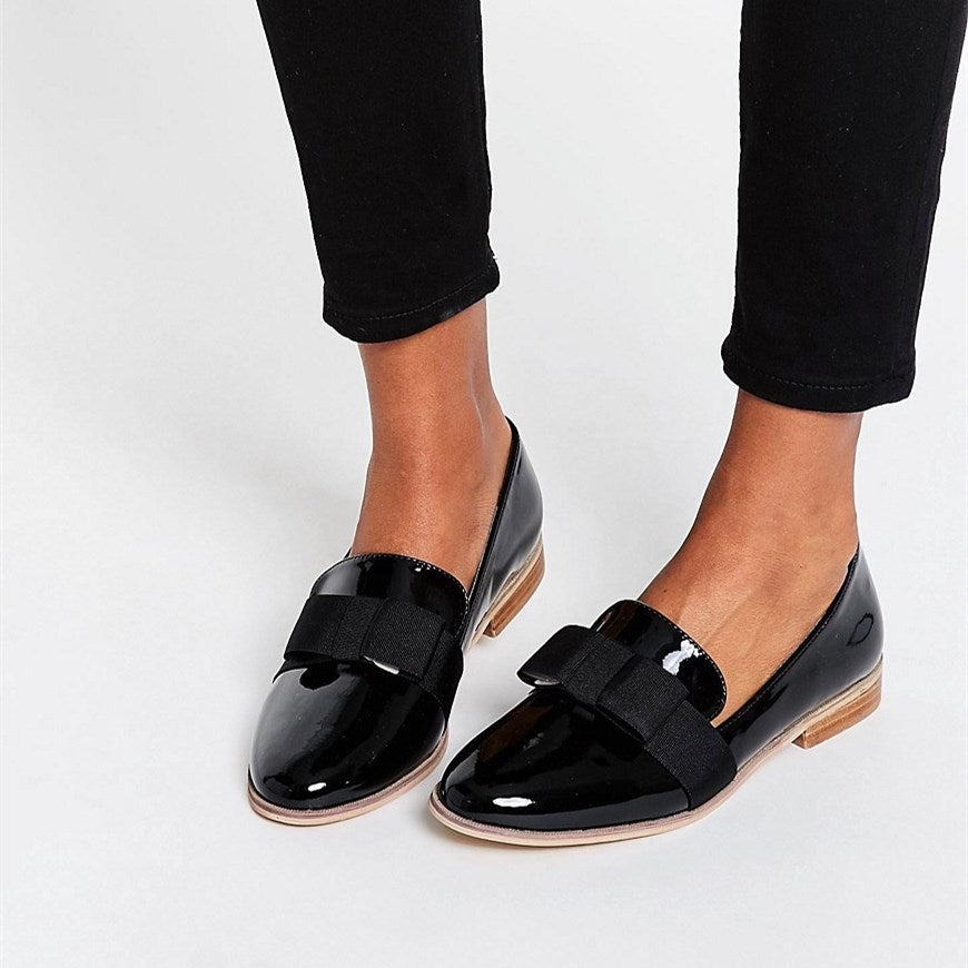 Black Patent Leather Round Toe Bow Decor Flats Women's Loafers