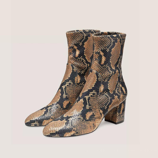 Women's Python Embossed Block Heel Fashion Sock Ankle Boots in Brown