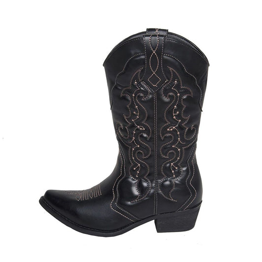 Black Western Style Pointed Toe Block Heel Mid Calf Cowgirl Boots