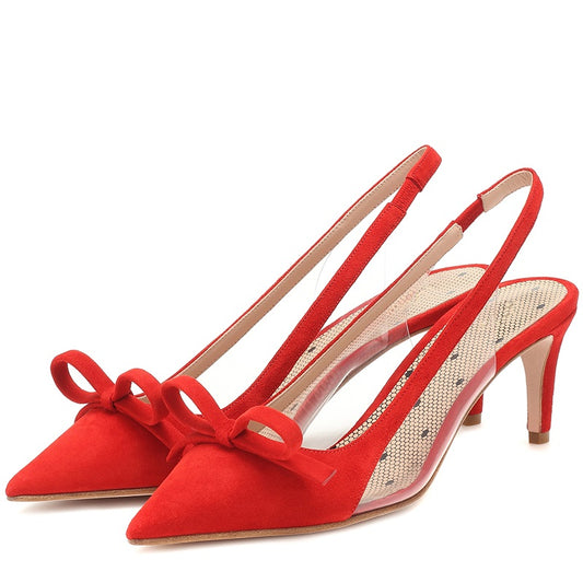 Women's Clear Slingback Pumps Red Pointed Toe Bow Heels