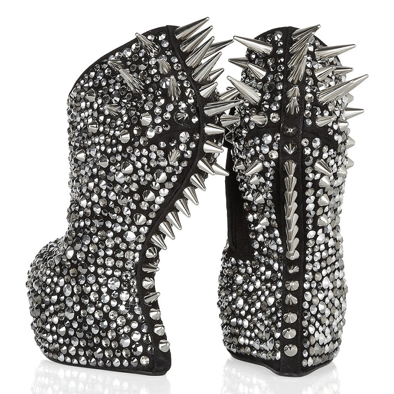 Black Keyhole Ankle Boots Rhinestone Rivets Wedge Platform Booties