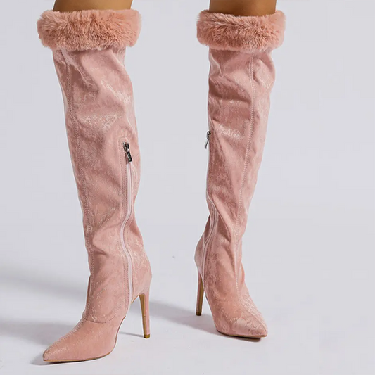 Cute Pointed Toe Faux Fur Trim Stiletto Heel Knee High Boots in Pink