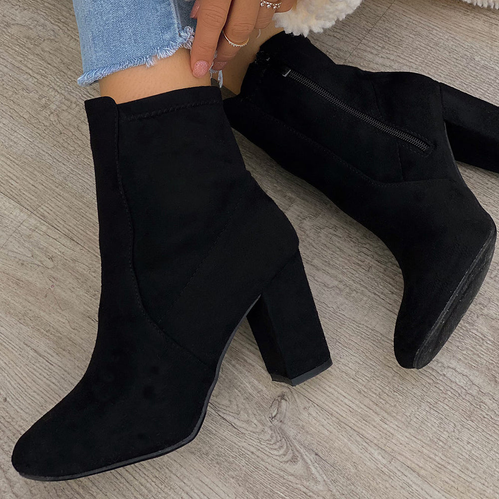 Women's Full Black Vegan Suede Block Heel Ankle Boots in Black