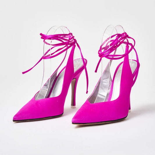 Women's Fuchsia Satin Pointed Toe Slingback Pumps With Ankle Tie Strap