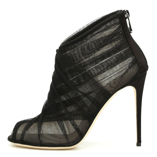 Women's Black Tulle Peep Toe Stiletto Heel Ankle Boots with Zipper