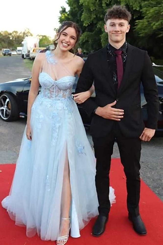 PM486,Princess Light Blue Tulle Prom Dresses, One Shoulder Applique Evening Prom Dress with Slit