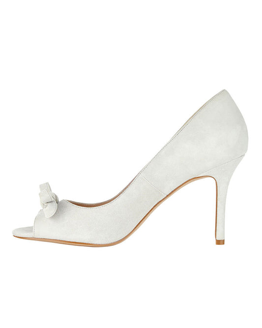 Women's White Vegan Suede Peep Toe Heels Vintage Bow Pumps