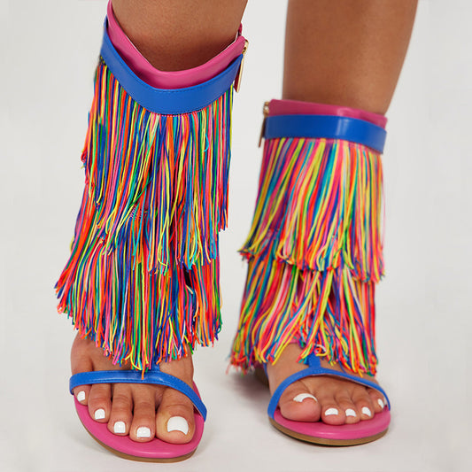 Multicolor Open-Toe Fringe Flats Strappy Mid-Calf Summer Boots