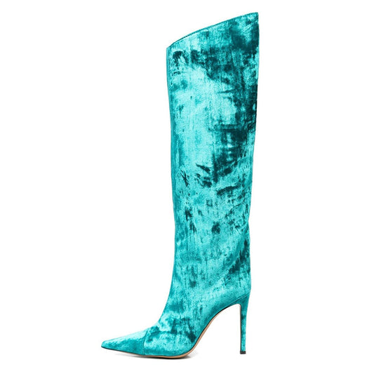 Turquoise Velvet Pointed Toe Knee High Boots with Stiletto Heels