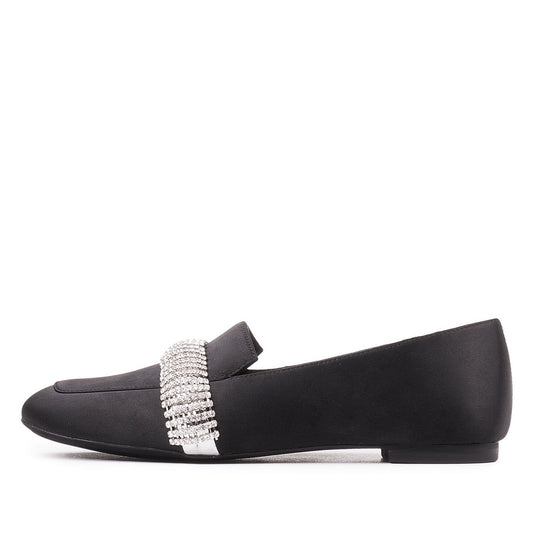 Black Satin Women's Loafers Round Toe Rhinestone Strap Flats