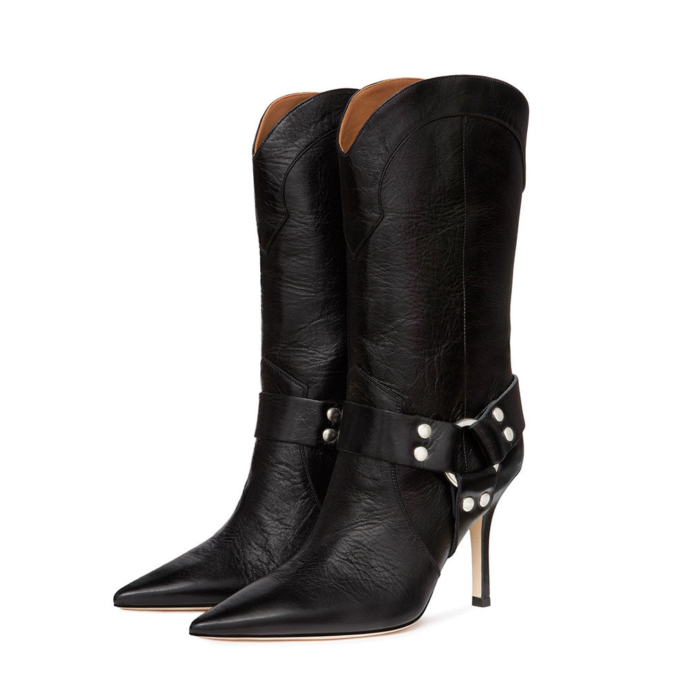 Black Vegan Leather Closed Toe 4'' Stiletto Heel Mid Calf Boots