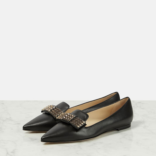 Black Slip-on Women's Shoes Pointed Toe Flats with Studded Bow