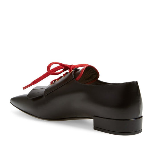 Black Vegan Leather Fringe Pointy Toe Flats Lace Up Women's Oxfords