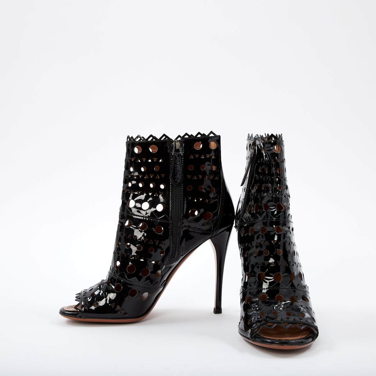 Black Patent Leather Hollow Out Peep Toe Stiletto Heel Ankle Boots