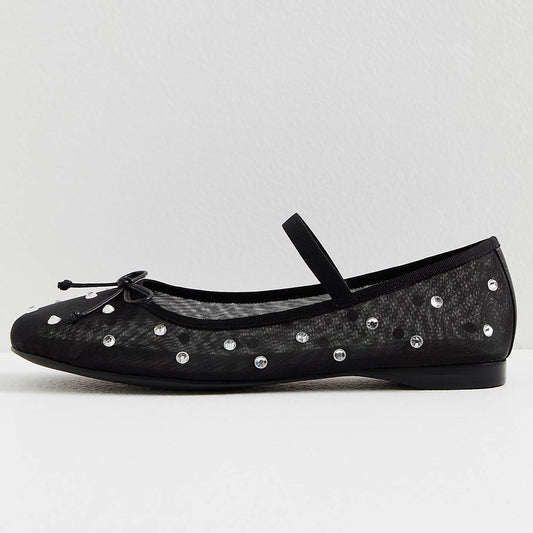 Black Mesh Round Toe Embellished Shiny Ballet Flats