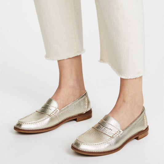 Champagne Litchi Grain Flats Round Toe Penny Loafers for Women