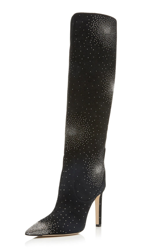 Black Vegan Suede Rhinestone Stiletto Heel Knee High Boots