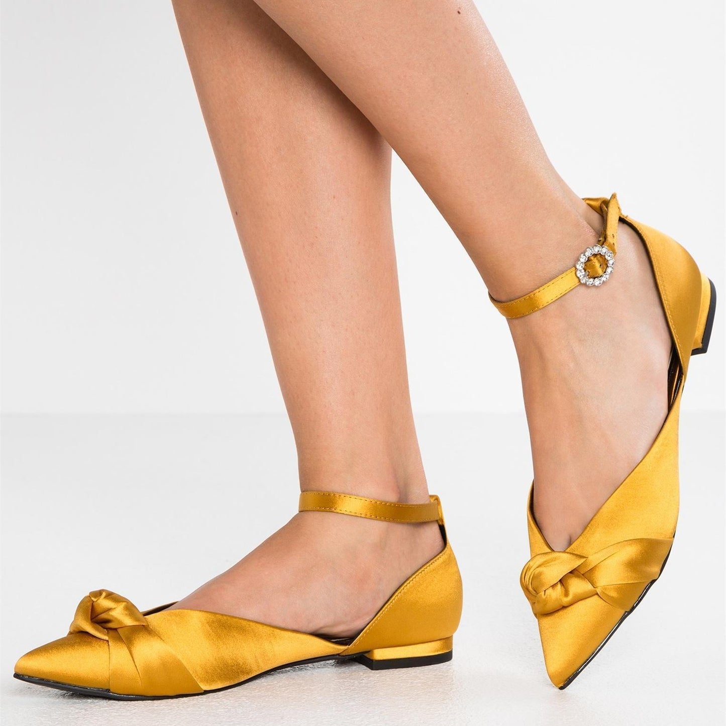 Gold Satin Tie Ankle Strap Comfortable Flats