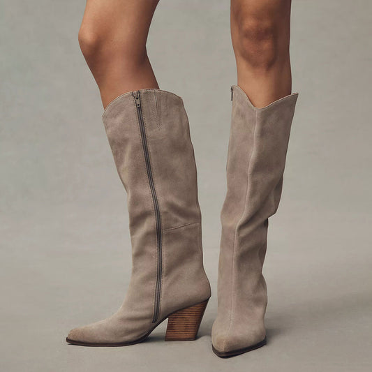 Taupe Pointed Toe Chunky Heel Side Zip Knee High Boots for Women