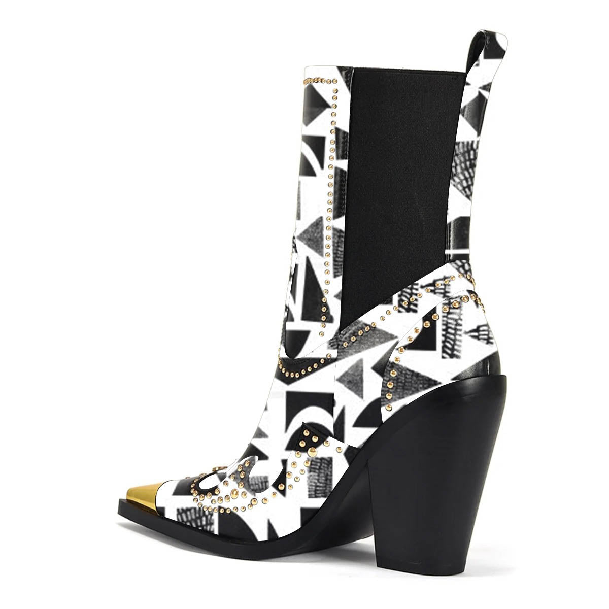 Black and White Geometric Print Block Heel Studded Chelsea Ankle Boots