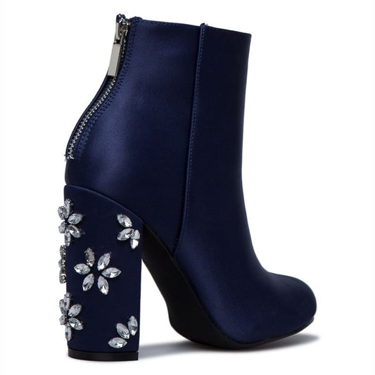 Women's Navy Rhinestone Flower Comfortable Chunky Heel Ankle Boots
