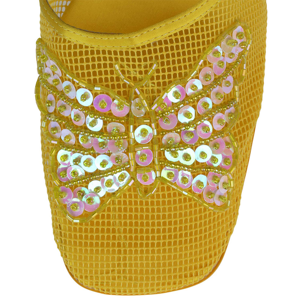 Yellow Mesh & Satin Square Toe Mules Shoes with Sequin Butterfly