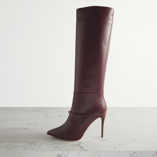 Fashion Burgundy Pointed Toe Stilettos Buckle Knee High Boots