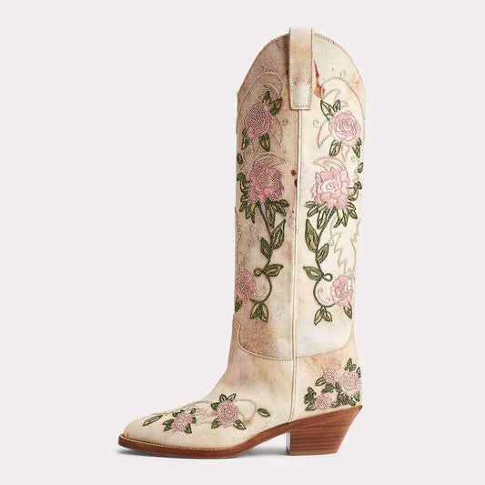 Beige Denim Closed Toe Floral Embroidery Chunky Heel Knee High Boots