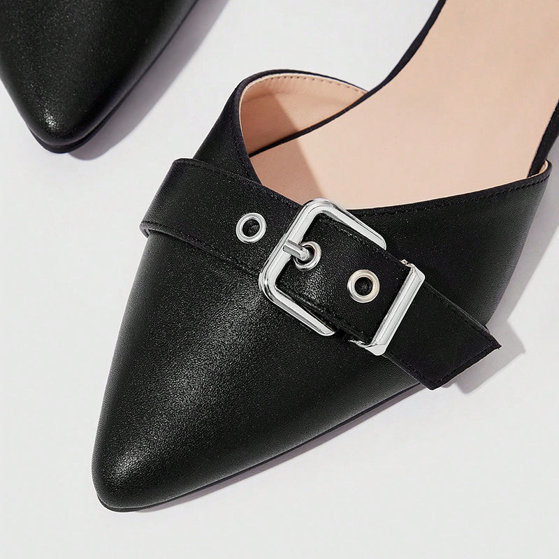 Black Pointed Toe Flats Grommets Buckled Ankle Strap Low Heel Shoes