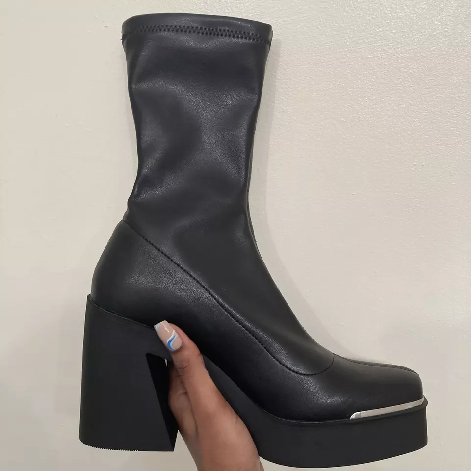 Women's Classic Elastic Boots Square Toe Block Heel Black Waterproof Women's Ankle Boots