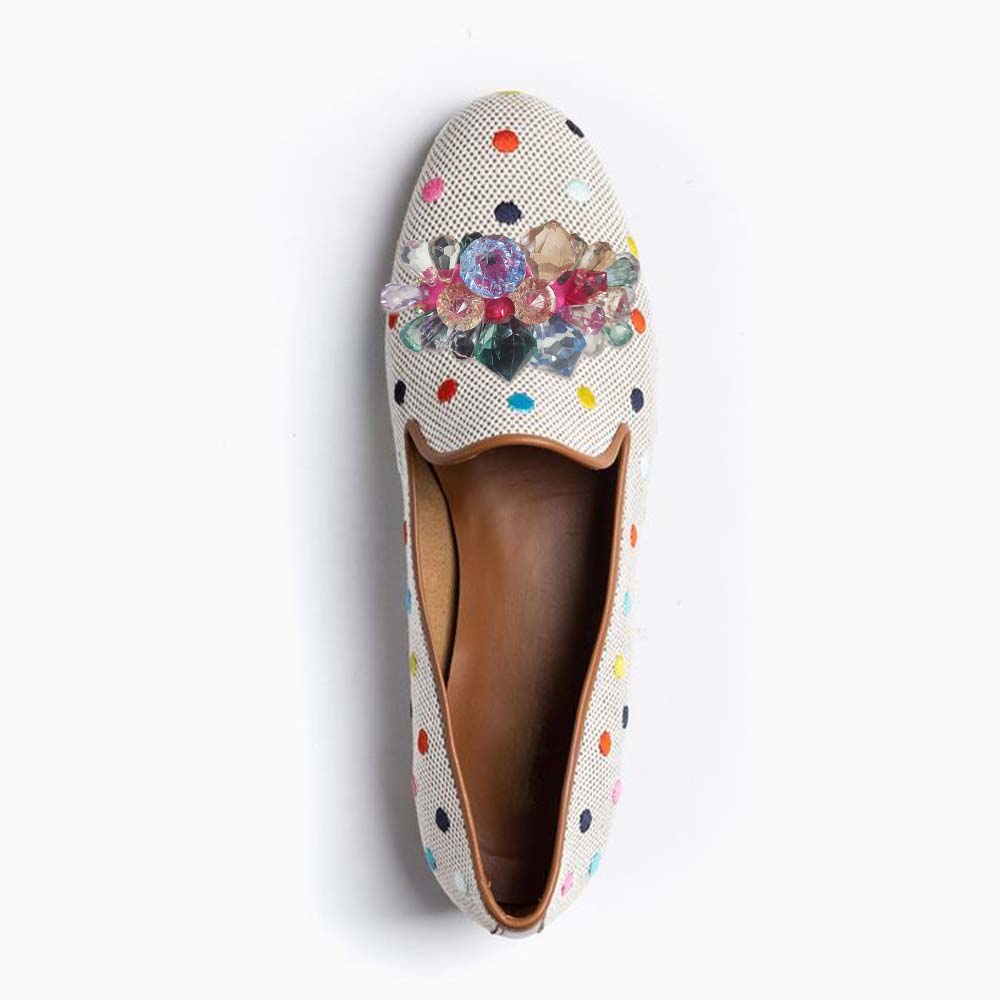 Multicolor Polka Dot Slip-On Women's Loafers with Rhinestones Decor