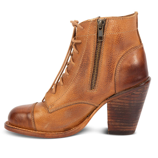 Women's Brown Lace Up Block High Heeled Ankle Boots with Side Zipper