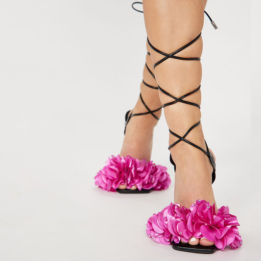 Elegant Square Toe Wrapped Shoes Stiletto High Heels Floral Sandals