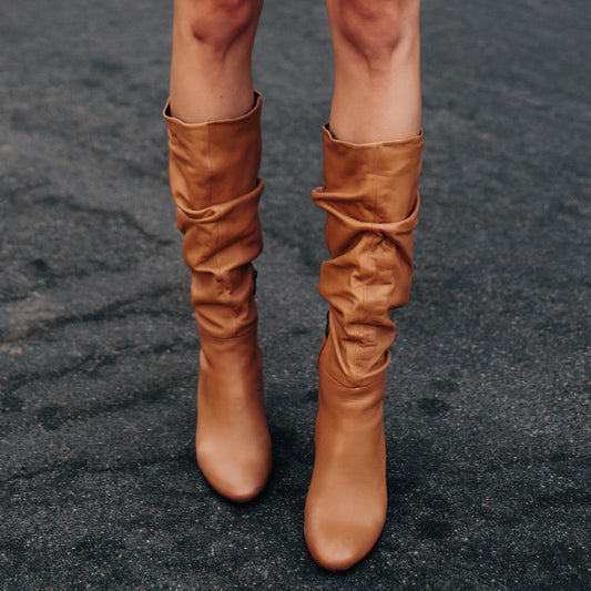 Women's Tan Almond Toe Chunky Heel Mid-Calf Slouch Boots with Zip