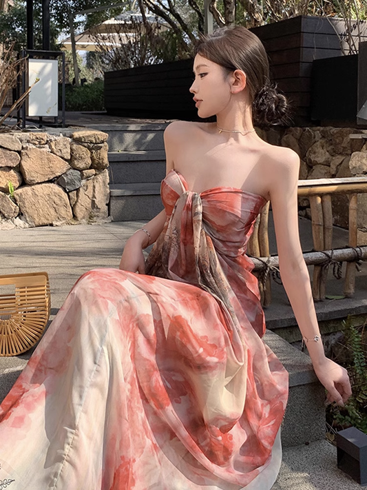 New Simple Fashion Floral Design A-Line Beach Holiday Strapless Dress TP3032