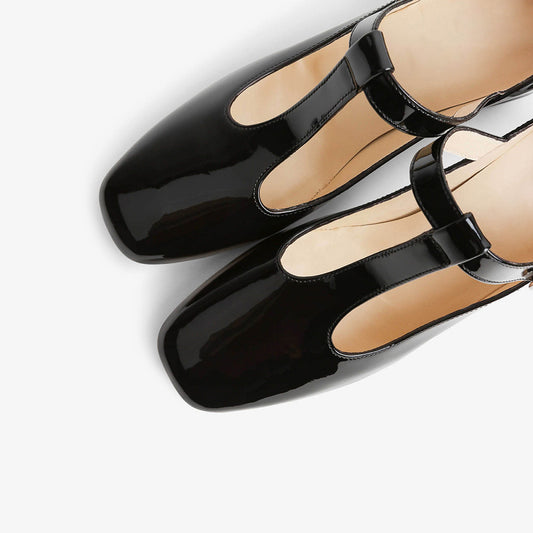 Black Patent Leather Closed Toe Chunky Heel T-Strap Loafers