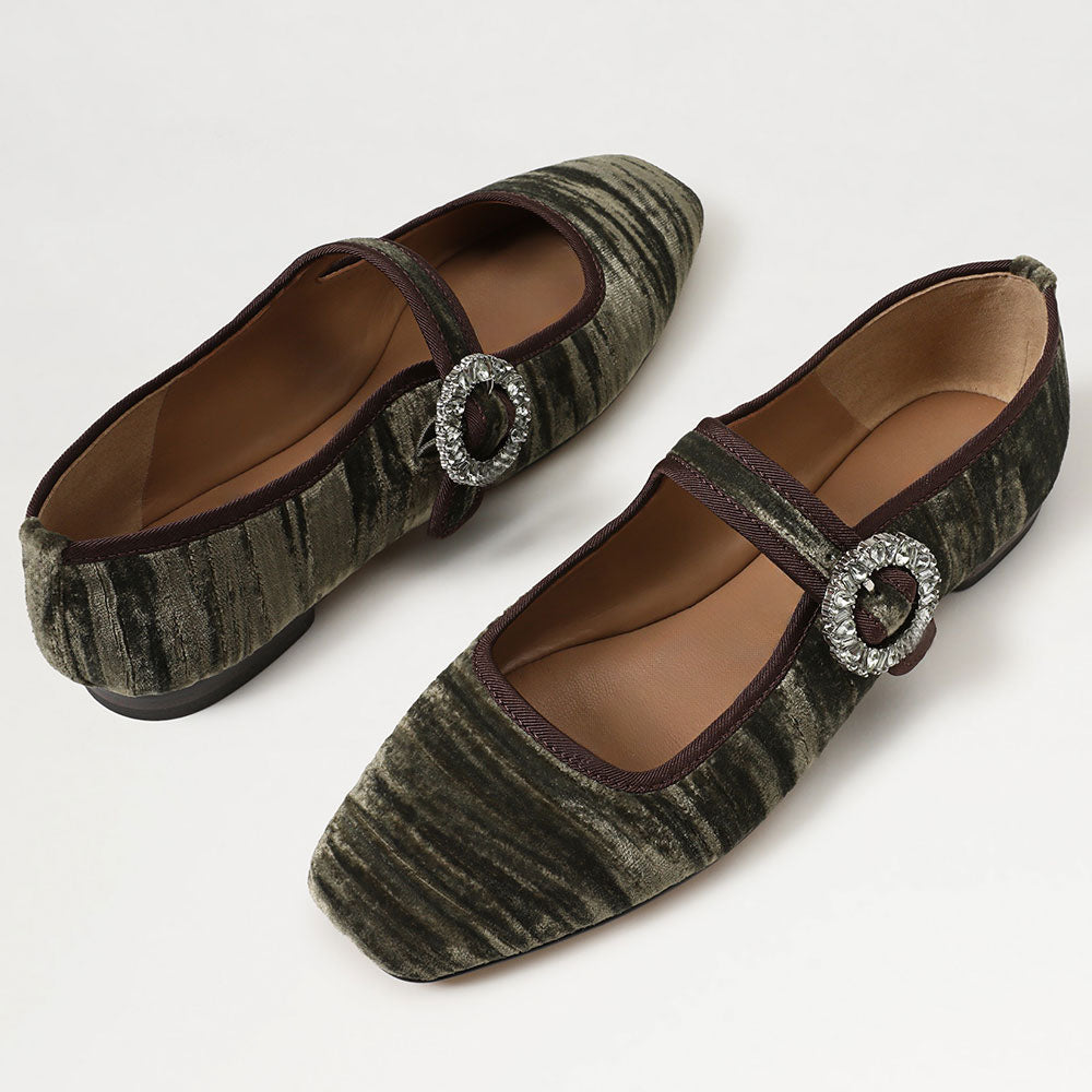 Velvet Square Toe Crystal Buckled Strap Mary Jane Flats in Dark Green