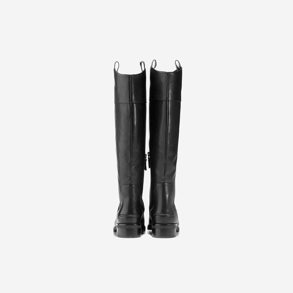 Black Vegan Leather Closed Toe Chunky Heel Knee High Boots