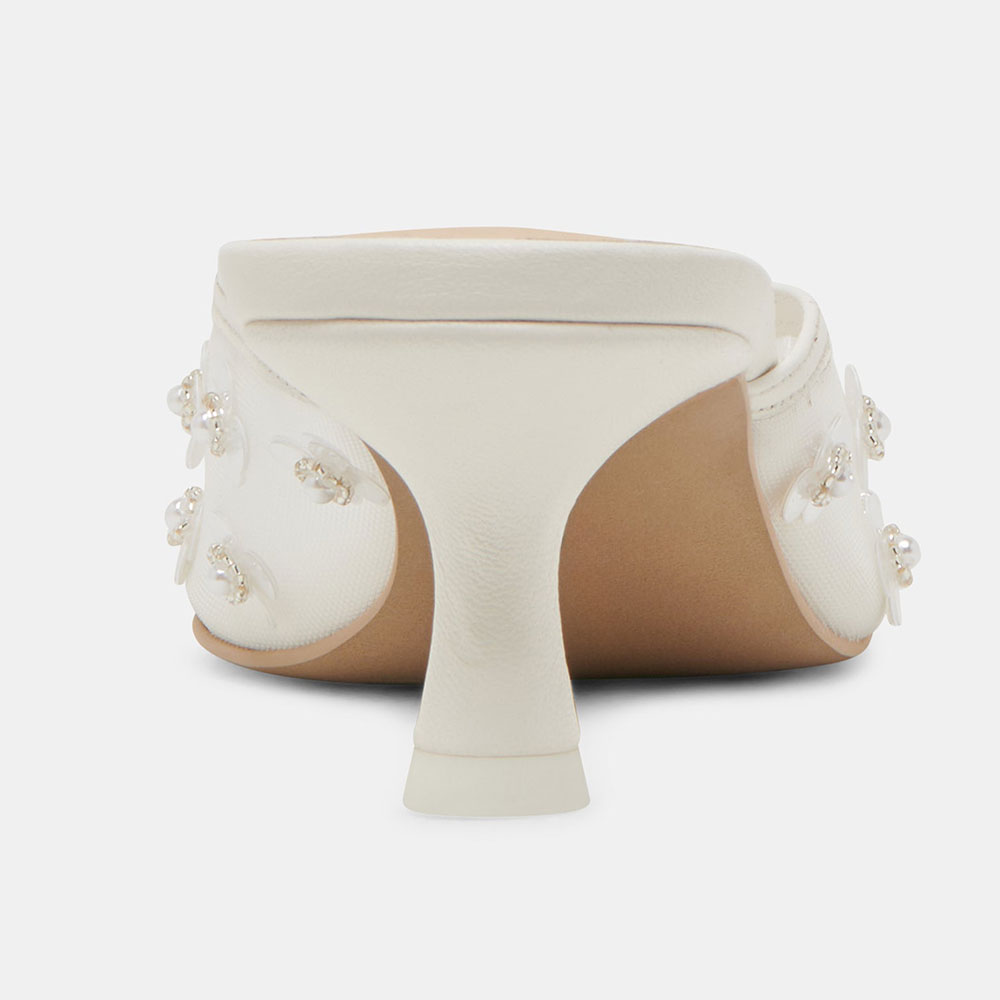 White Mesh Closed Toe Sequined Flower Spool Heel Mule Shoes for Women