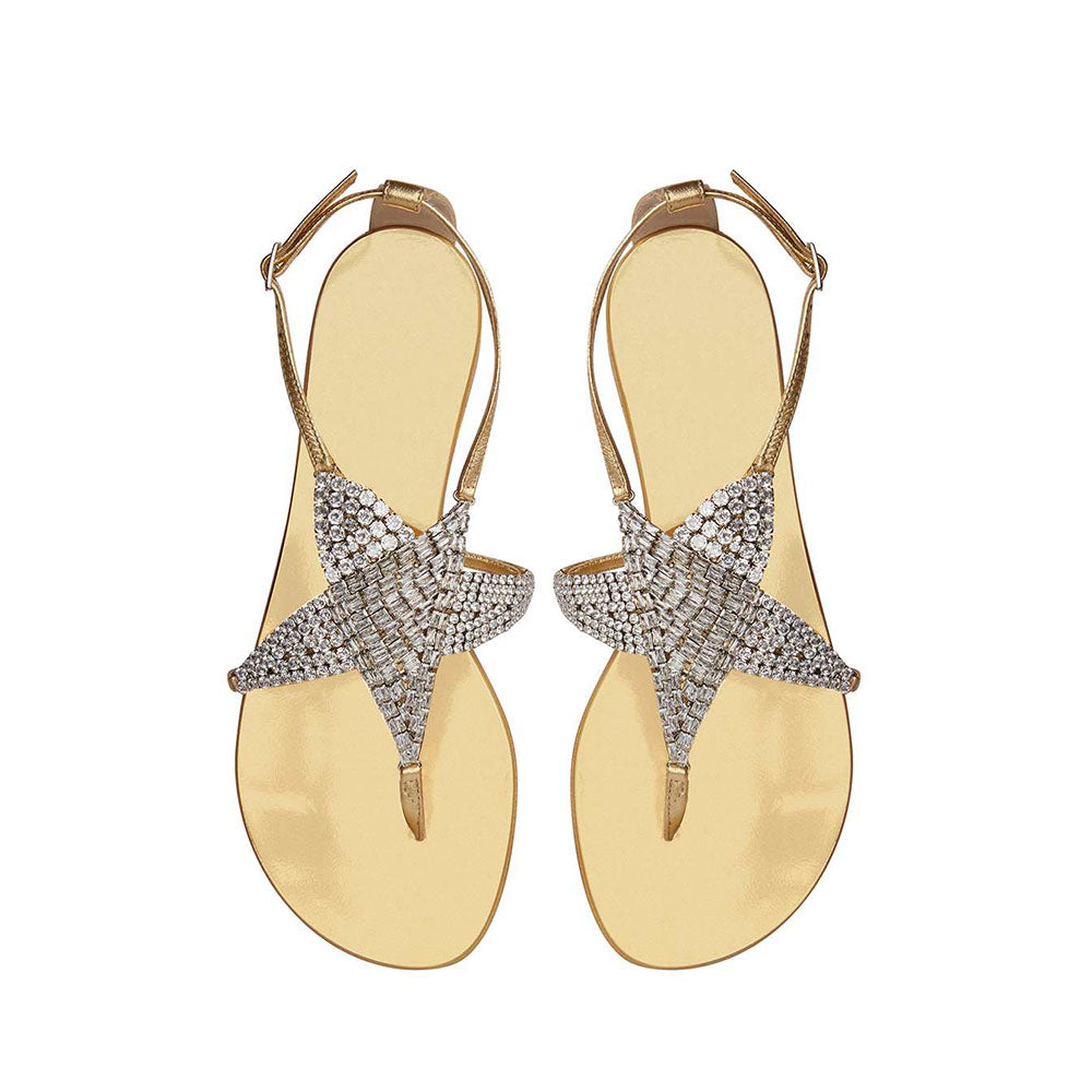 FSJ Metallic Gold Thong Sandals Crystal Star Ankle Strap Flats