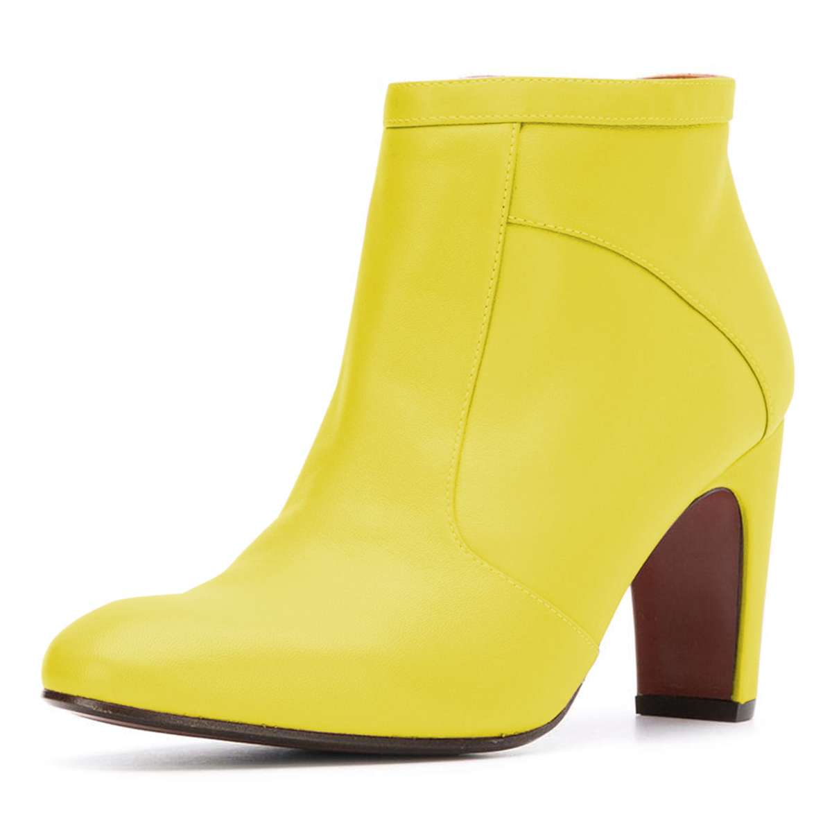 Women's Yellow Round Toe Chunky Heel Ankle Boots with Zipper