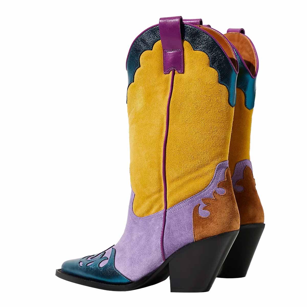 Yellow & Purple Patchwork Pointed Toe Cowgirl Boots with Chunky Heel