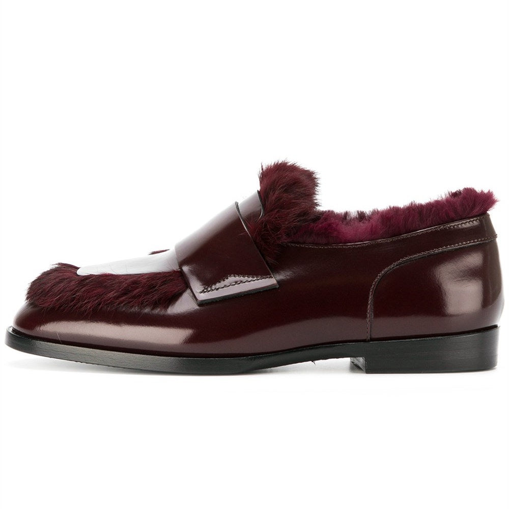 Burgundy Patent Leather Round Toe Faux Fur Flat Women's Loafers